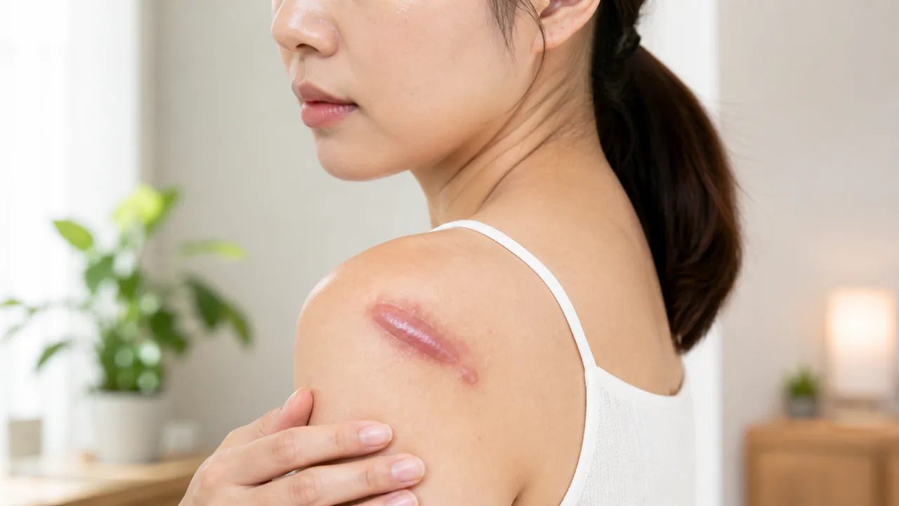 皮膚の損傷部位に赤く盛り上がり、徐々に拡大するケロイドの典型的な状態