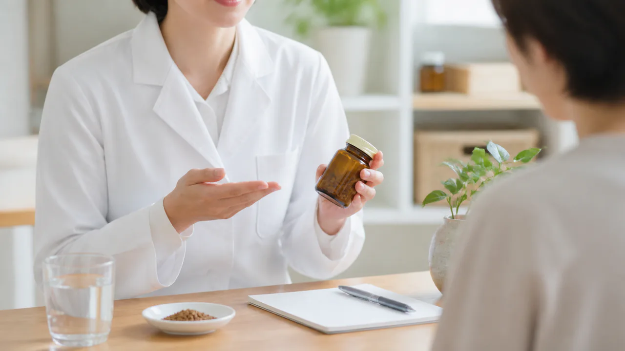 帰脾湯の服用方法と注意点を説明する薬剤師の手元