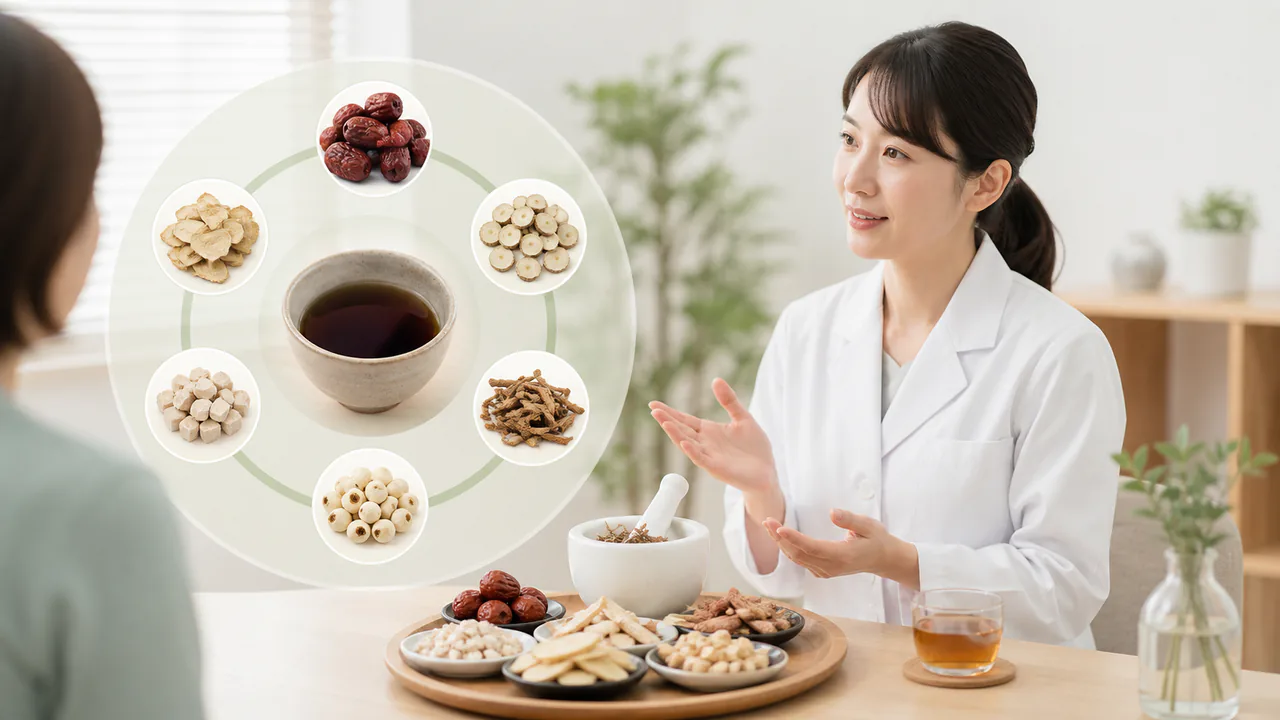 帰脾湯の生薬成分と効能を解説する漢方薬の概念図