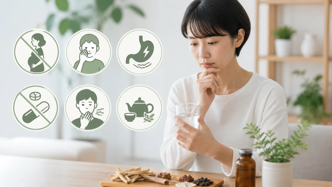 桔梗湯服用時の注意点を示すピクトグラムと副作用に関する情報