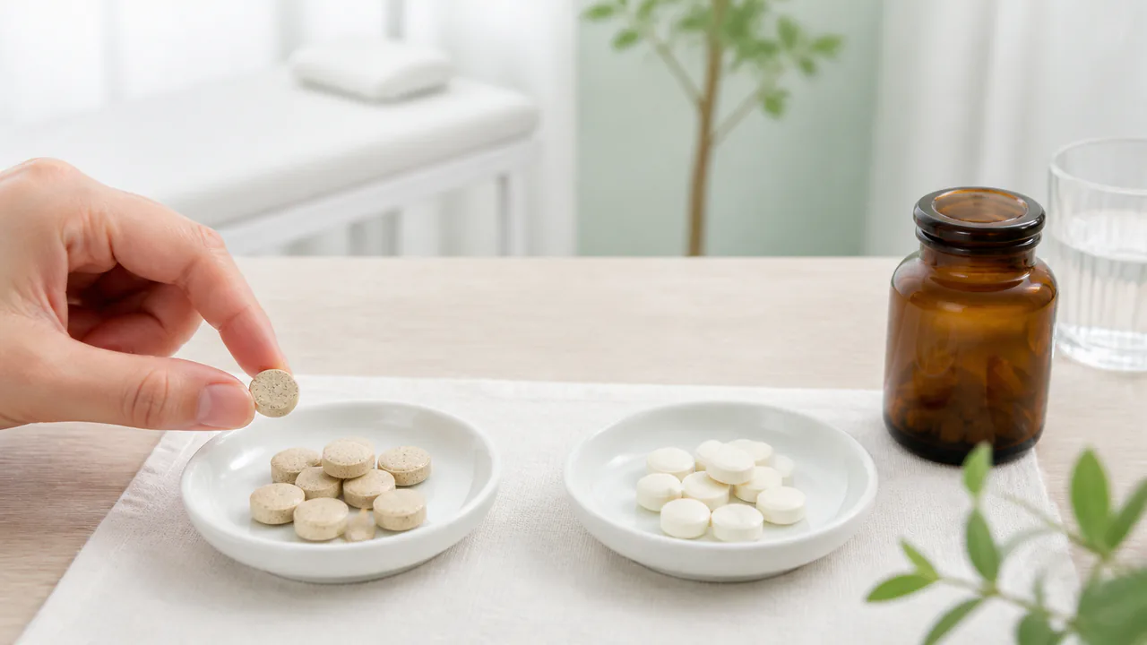 ジェネリック医薬品の錠剤と先発医薬品の錠剤が比較されている状態