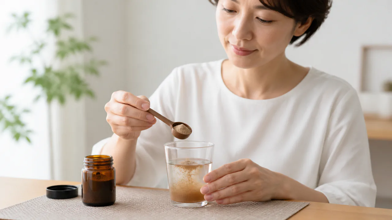 芎帰膠艾湯の粉末を水で溶いて服用する様子、コップと薬の計量スプーン