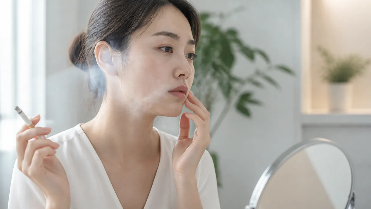 タバコの煙が顔にかかる様子、喫煙が肌の健康に与える悪影響と禁煙のメリット