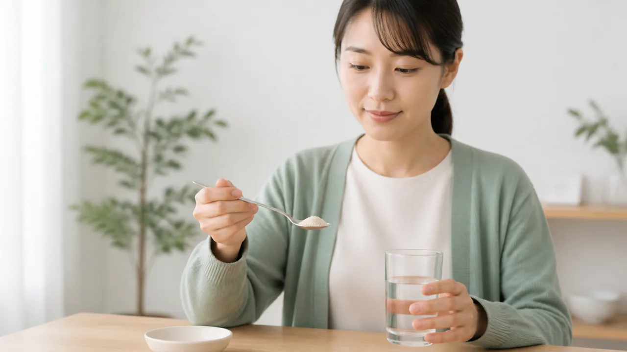 麻杏甘石湯の顆粒がスプーンに乗せられ、コップの水とともに示されている。正しい服用方法を促す。
