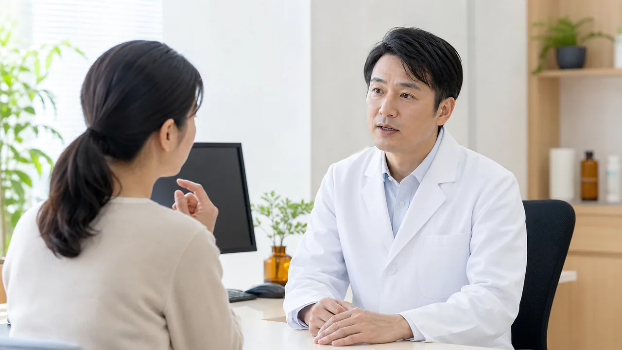 患者が医師に麻杏甘石湯について質問している様子。診察室での対話を通じて疑問を解消。