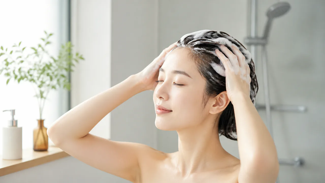 脂漏性皮膚炎の予防のため低刺激性シャンプーで優しく洗髪する女性