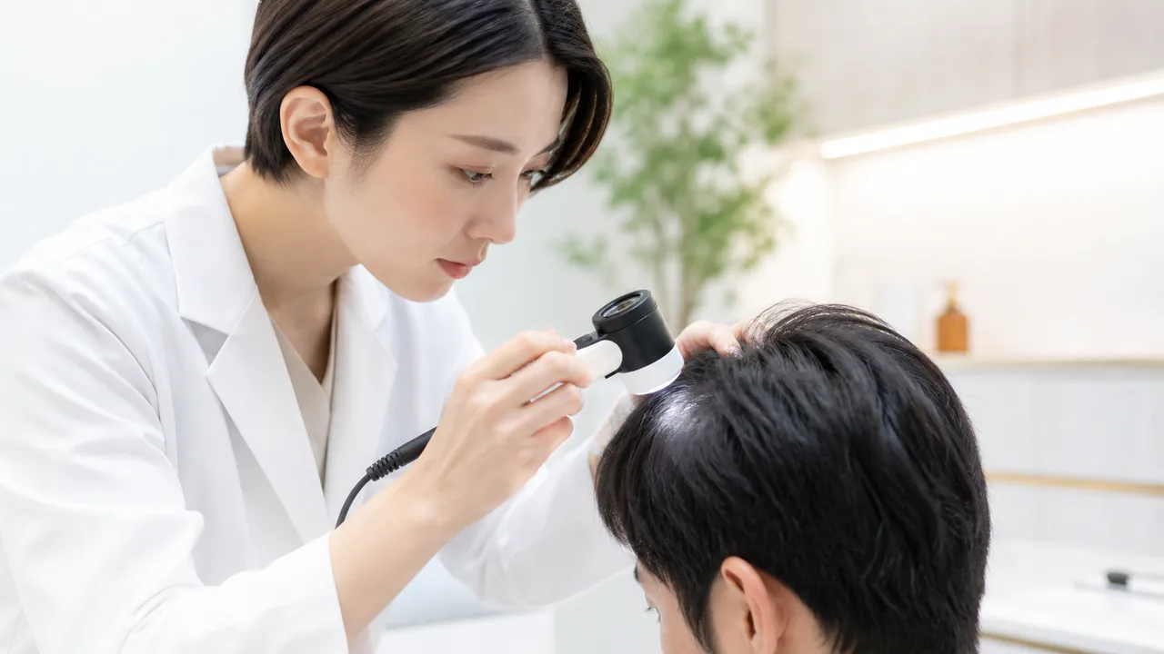皮膚科医がダーモスコピーで患者の頭皮を詳しく診察し診断する様子