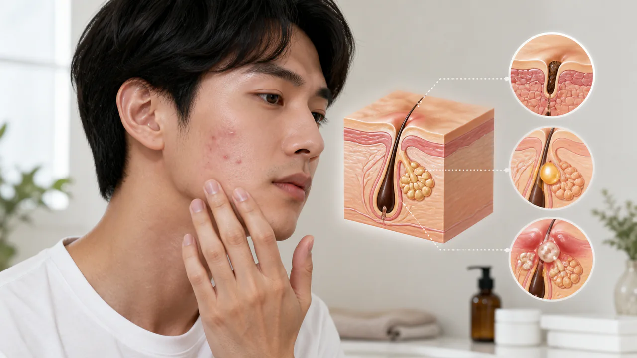 男性の顔に発生するニキビのメカニズムと皮脂腺の活動を表す図解