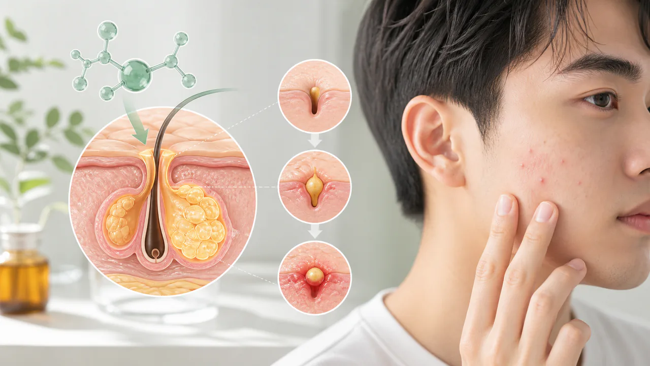 男性ホルモン「アンドロゲン」が皮脂腺に作用し、ニキビ発生メカニズムを示す図解