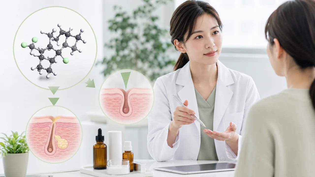 アンドロゲン作用を抑制しニキビを改善する治療薬の分子構造と効果経路
