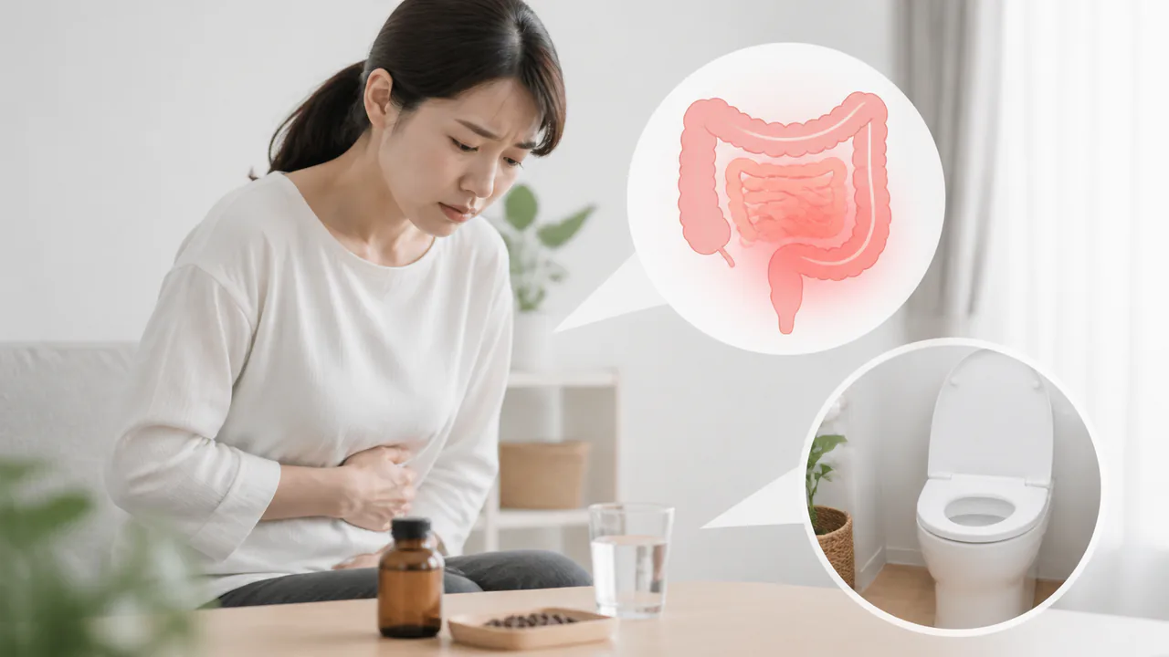 麻子仁丸服用後に起こりうる軟便や下痢といった消化器系の副作用を示す図