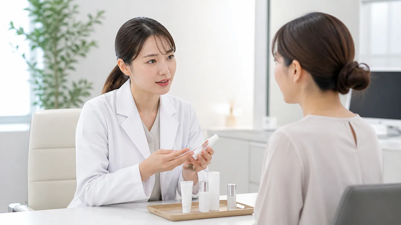 皮膚科医がマスクニキビを診察し適切な治療薬を処方する様子