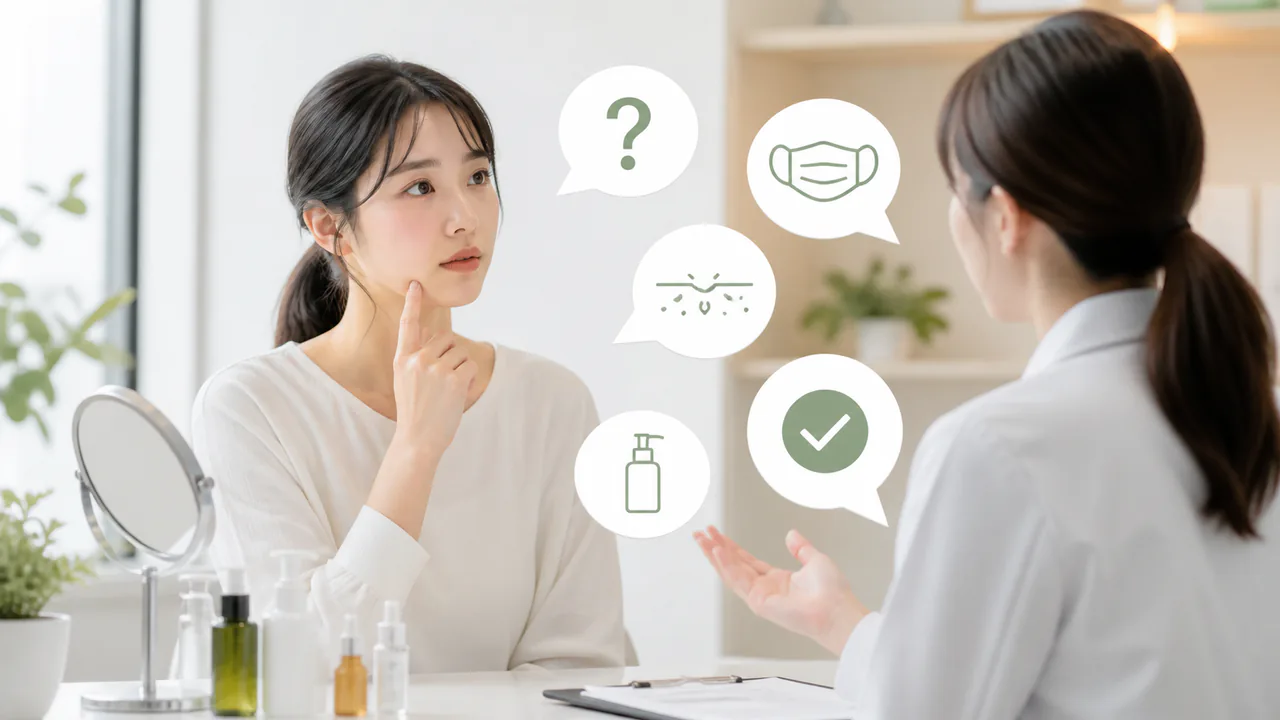 マスクニキビの疑問を解決するQ&A形式の吹き出しとチェックマーク