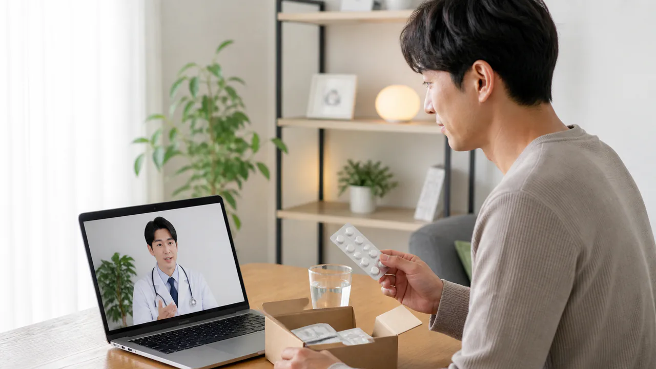 自宅でオンライン診療を受け、男性機能治療薬を処方される男性の様子