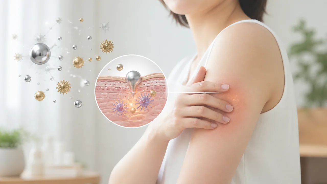 金属アレルギーのメカニズム、皮膚炎の原因となる金属イオンが体内で反応する様子