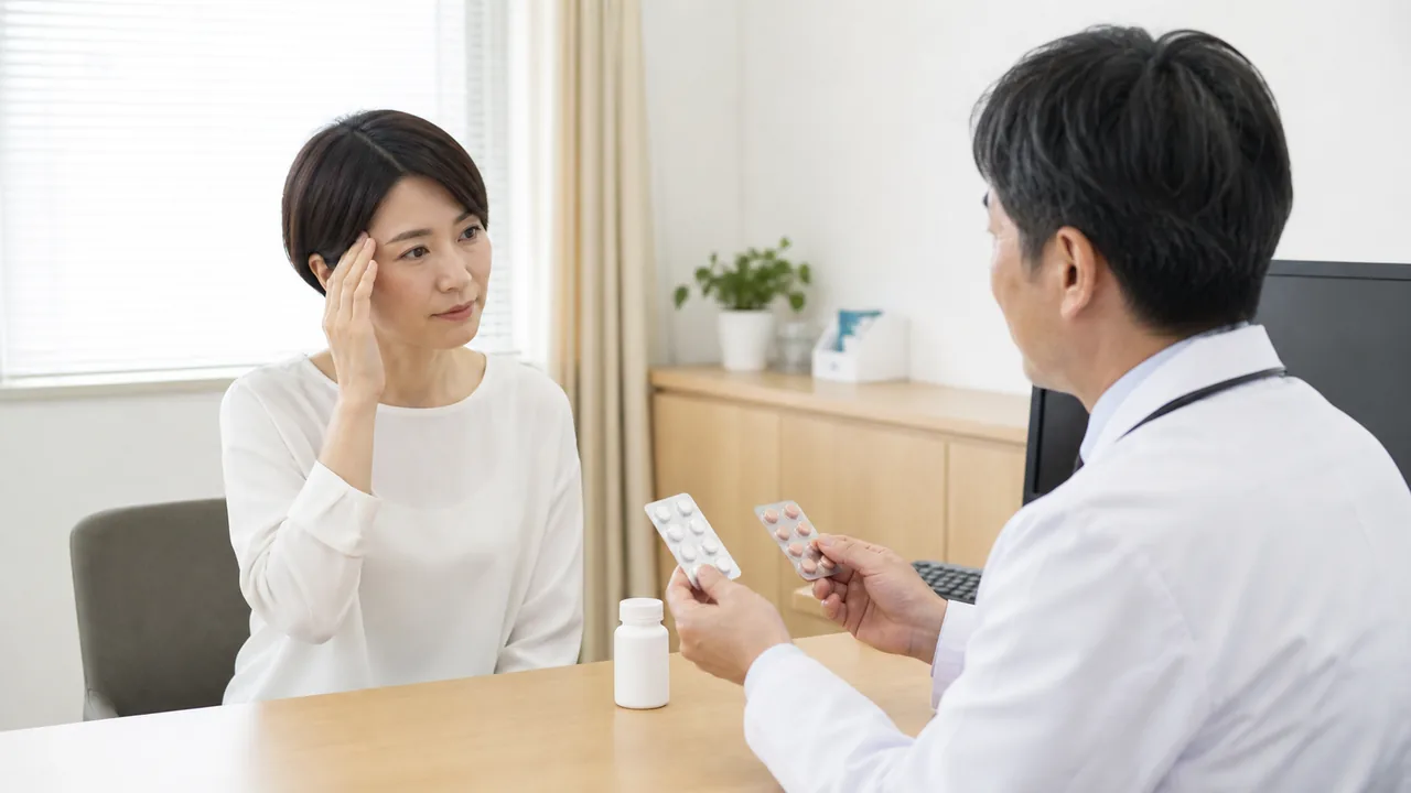 片頭痛治療薬の選択肢を説明する医師 片頭痛の患者に複数の内服薬の選択肢を説明する医師