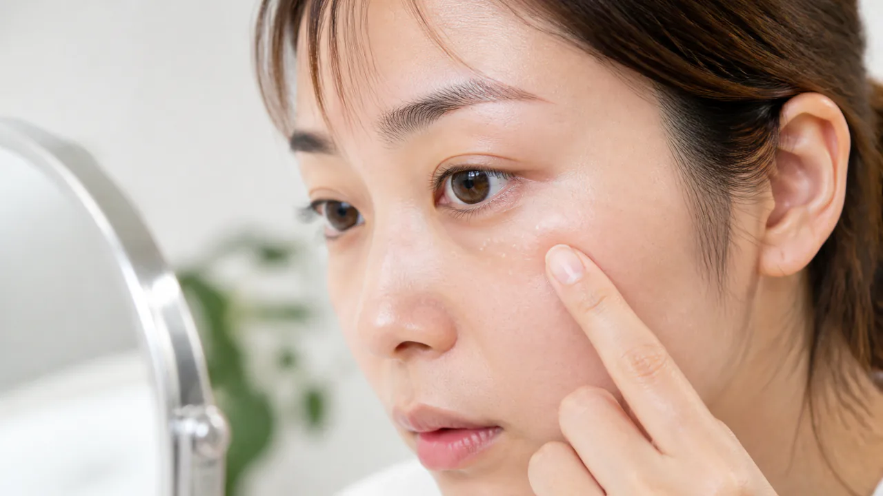 目の周りに発生した小さな白いブツブツ、稗粒腫の典型的な外観