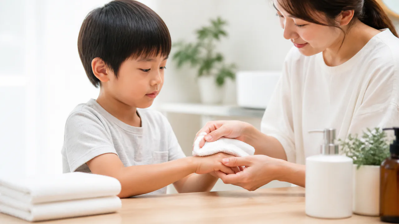水いぼの自宅ケアで清潔な皮膚を保つ子供の手、再発防止のヒント