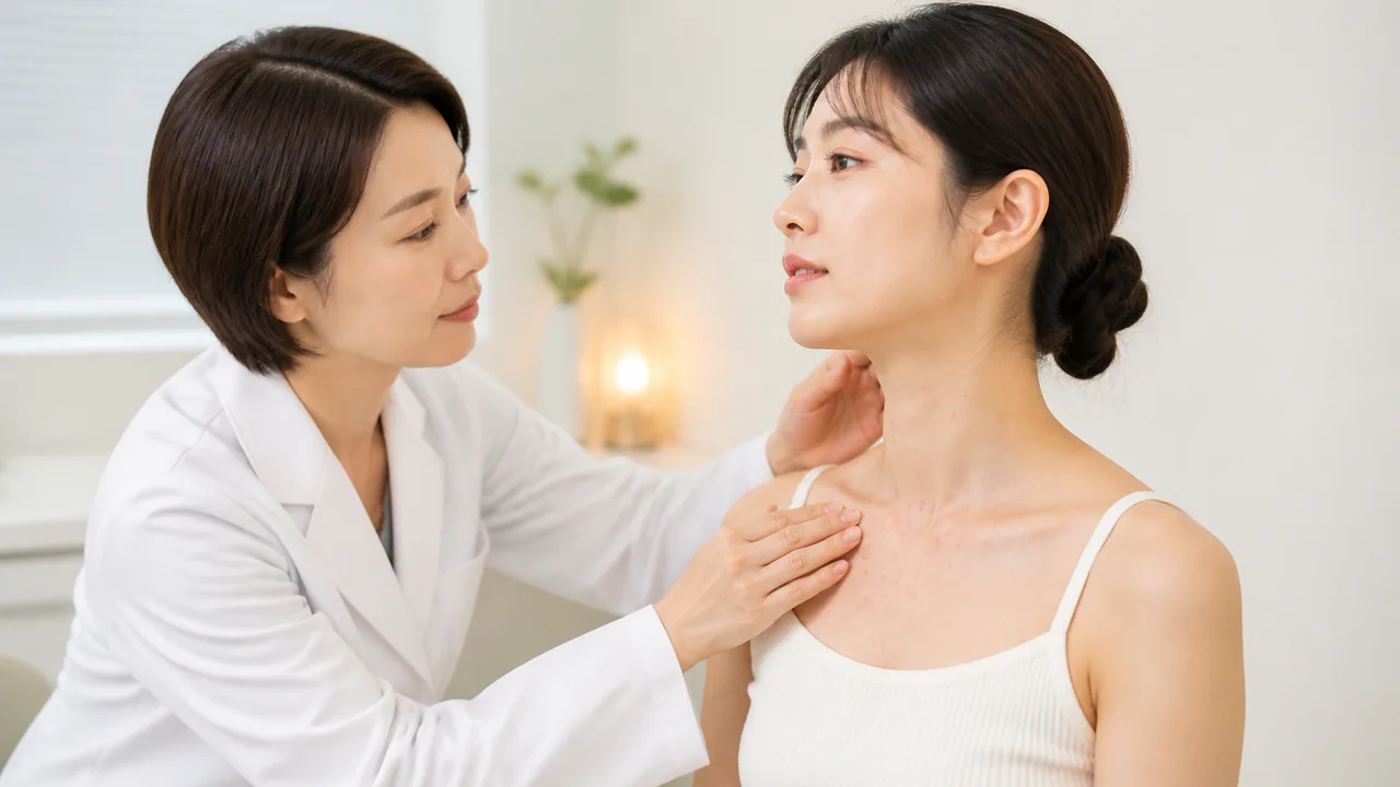 首とデコルテのニキビ治療における皮膚科医による診察と経過観察の様子