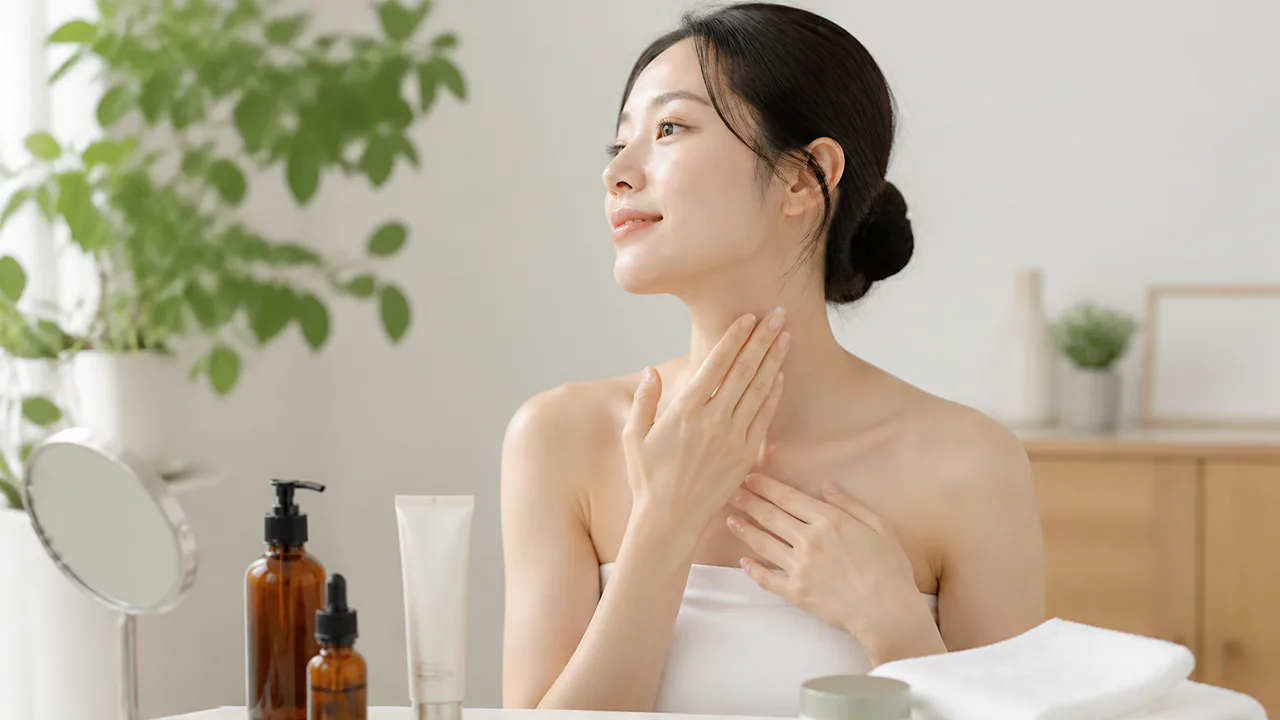 首とデコルテのニキビケアに効果的なスキンケア用品や生活習慣改善の様子