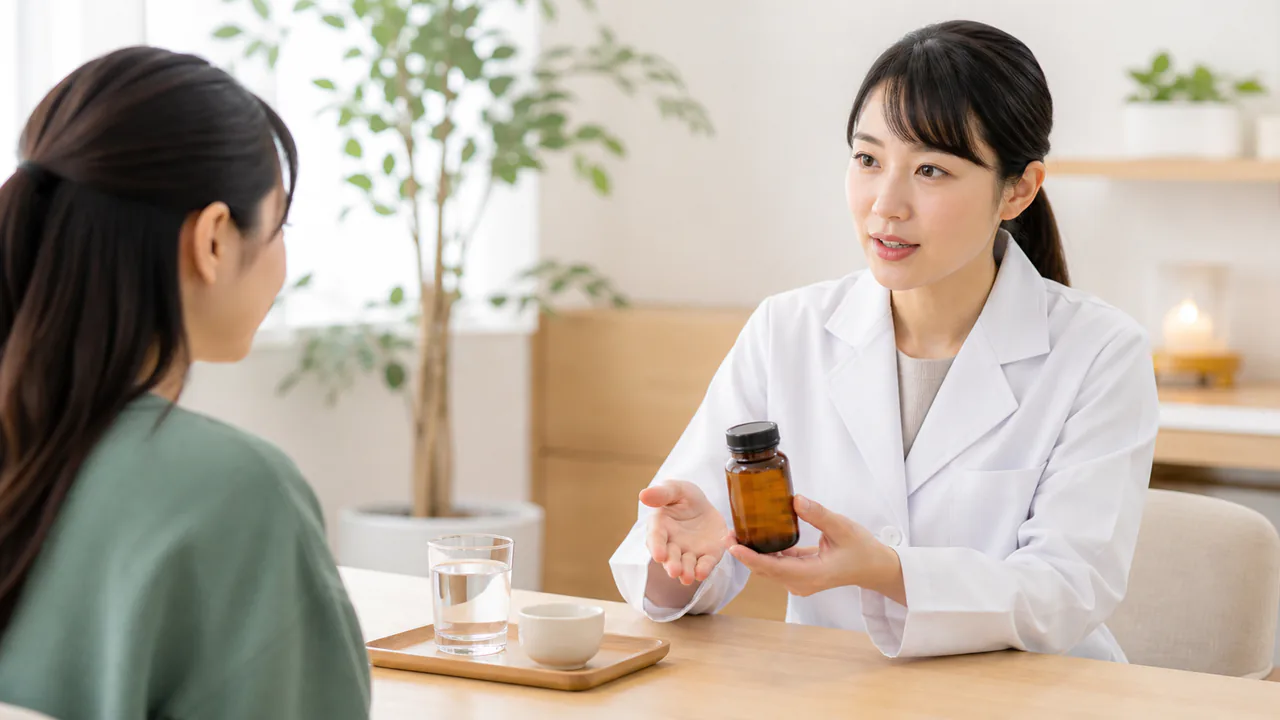 人参湯を服用する際の用法用量や注意点を説明する医療従事者