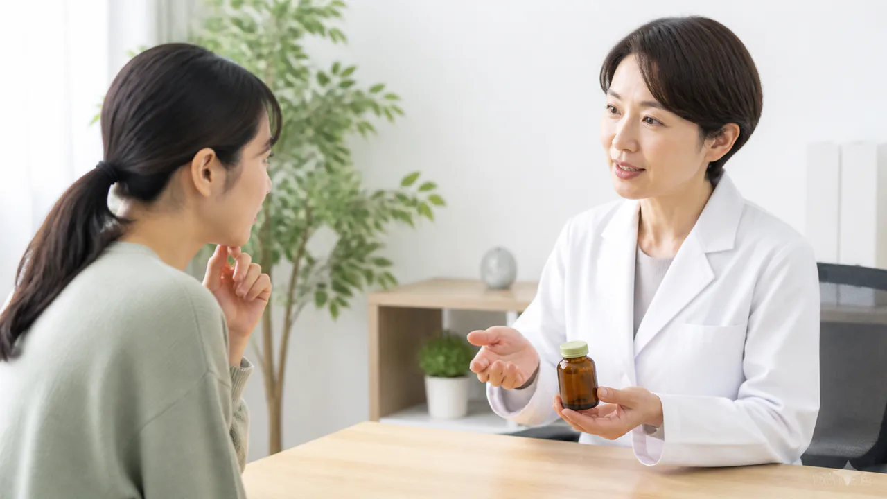 ツムラ人参湯について医師に質問し、説明を受ける患者の様子