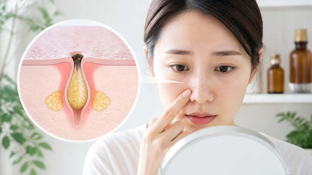 過剰な皮脂分泌や毛穴の詰まりが鼻ニキビを引き起こす様子を模式的に表現