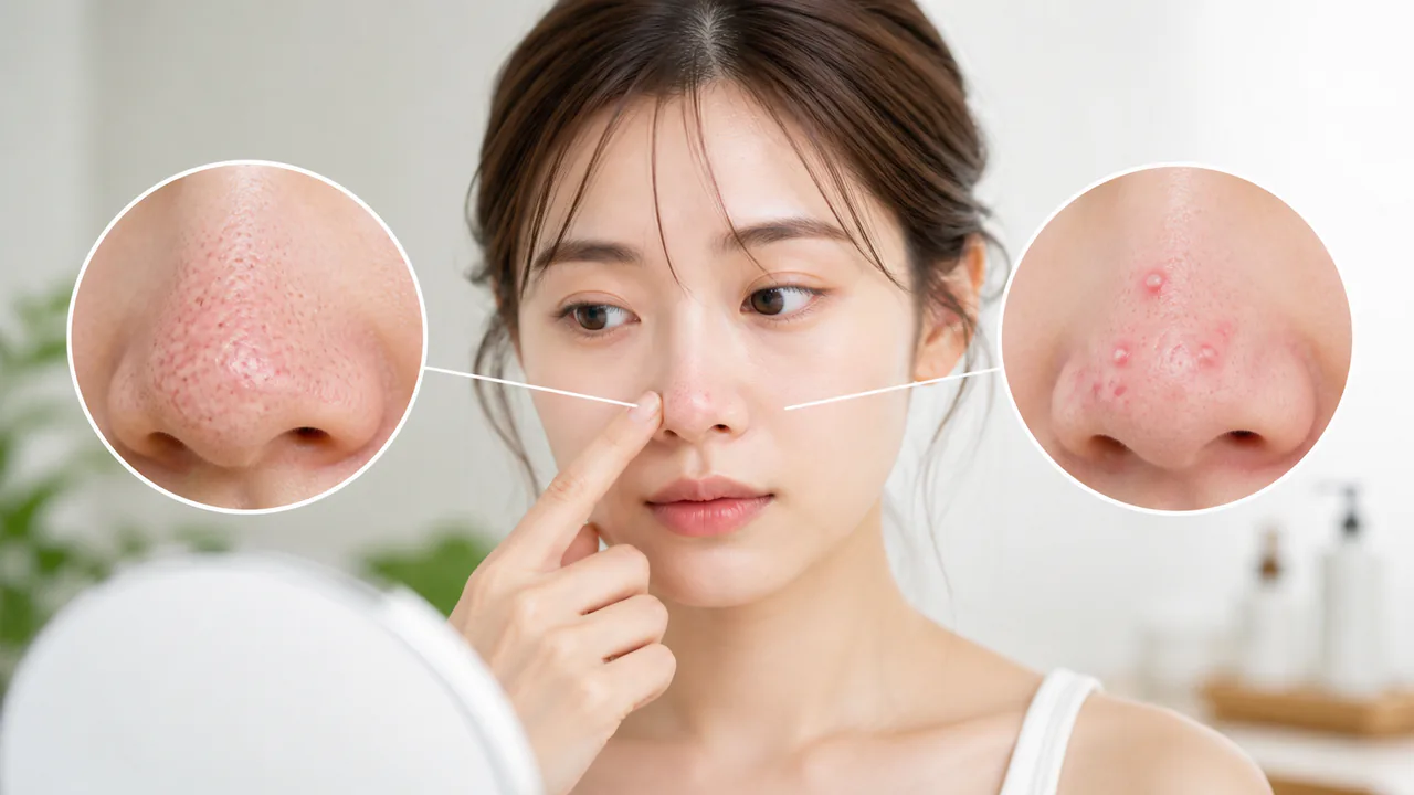 鼻の赤みや毛穴の開きが特徴のいちご鼻と、ニキビの違いを比較する皮膚の拡大図