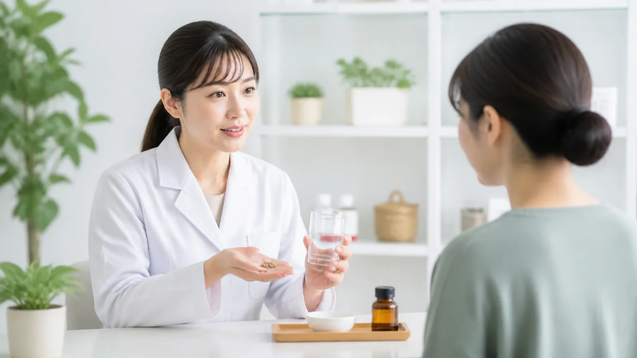 女神散の正しい服用方法と注意点を説明する薬剤師、安全な使用を促す
