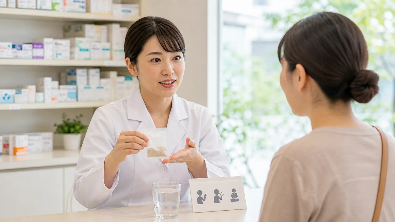 黄連解毒湯の顆粒と水を示し、服用方法を説明する薬剤師
