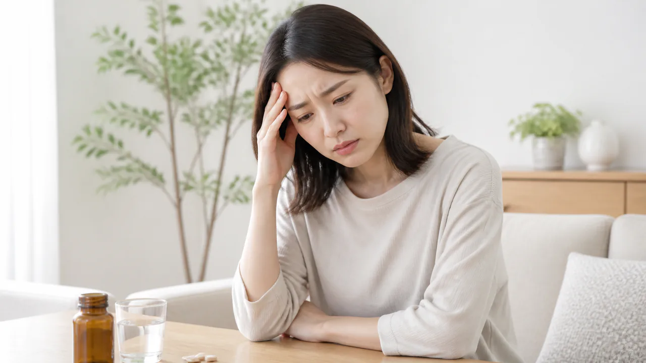 黄連湯服用後に体調不良を感じ、眉をひそめて顔色が悪く見える女性の様子