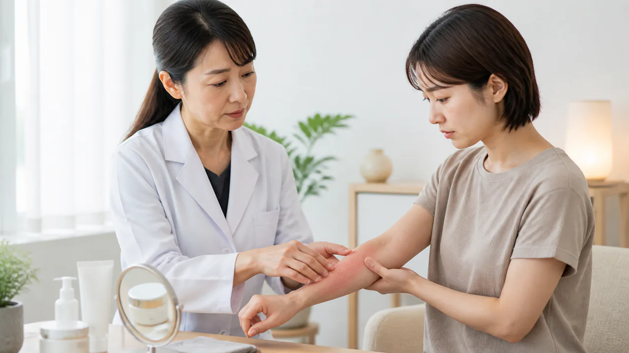 光線療法後の皮膚の赤みや乾燥など副作用に注意する患者と医師