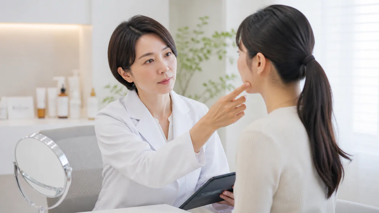 皮膚科医がニキビの肌状態を診察し、適切な治療法を提案する様子