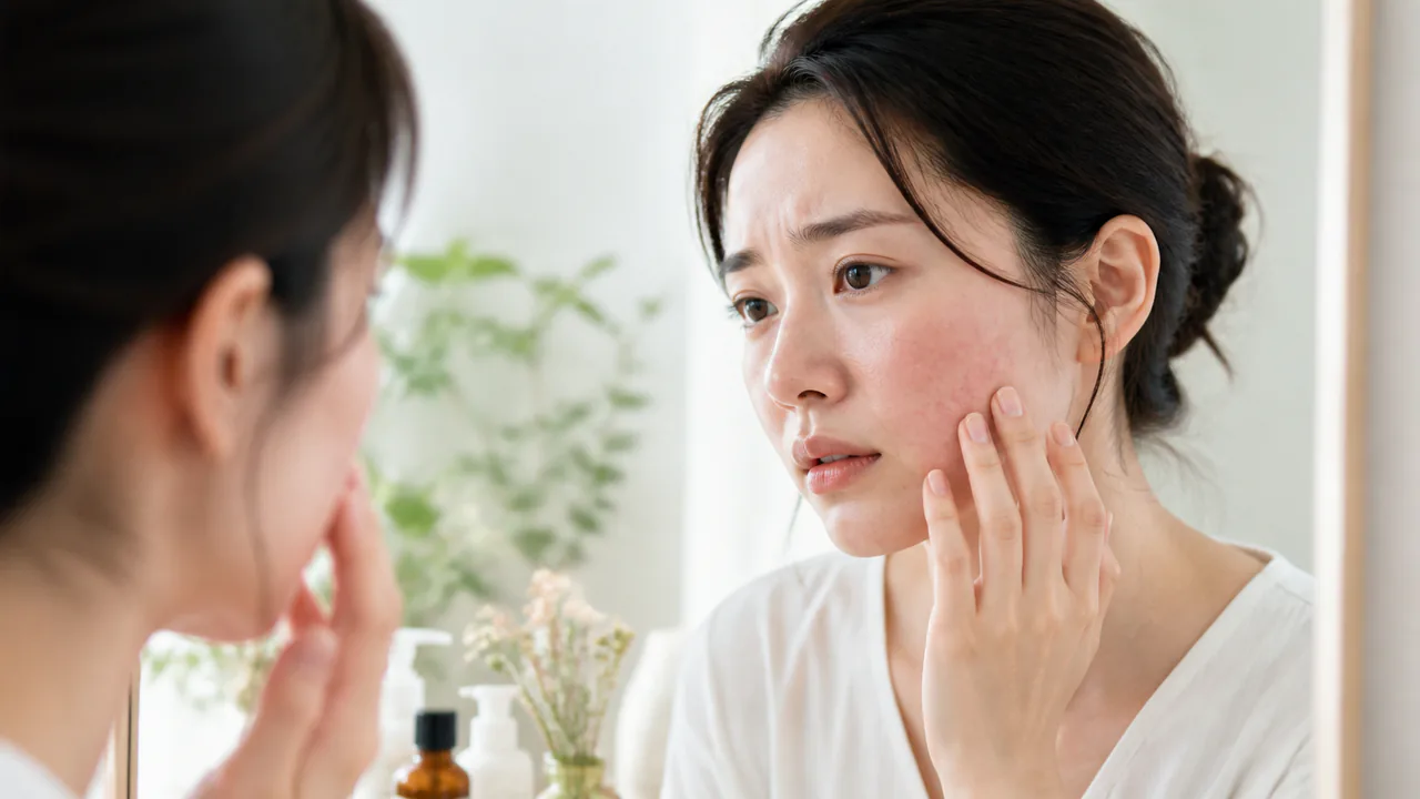 花粉や大気汚染で悪化した炎症性ニキビや赤みを帯びた肌の様子