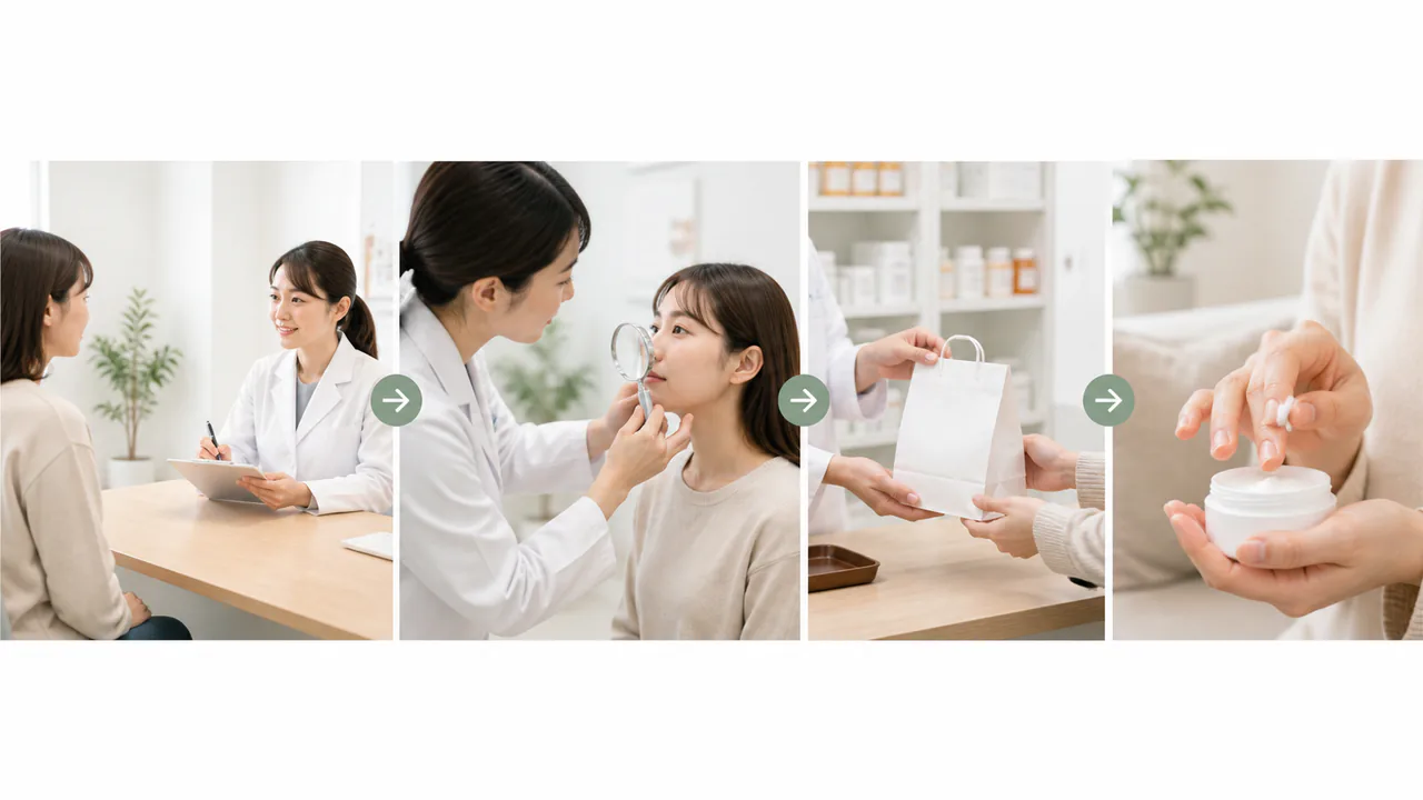 皮膚科で保湿剤を処方してもらう際の診察から薬受け取りまでの流れ