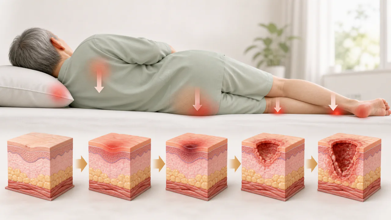 床ずれ(褥瘡)が発生するメカニズムを段階的に示す図解、皮膚の損傷過程