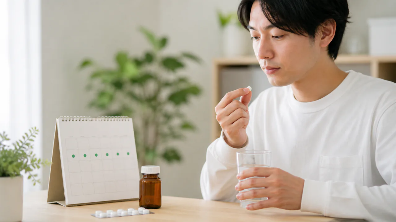 プロペシアの服用方法を示すカレンダーと薬、正確な用法用量を遵守