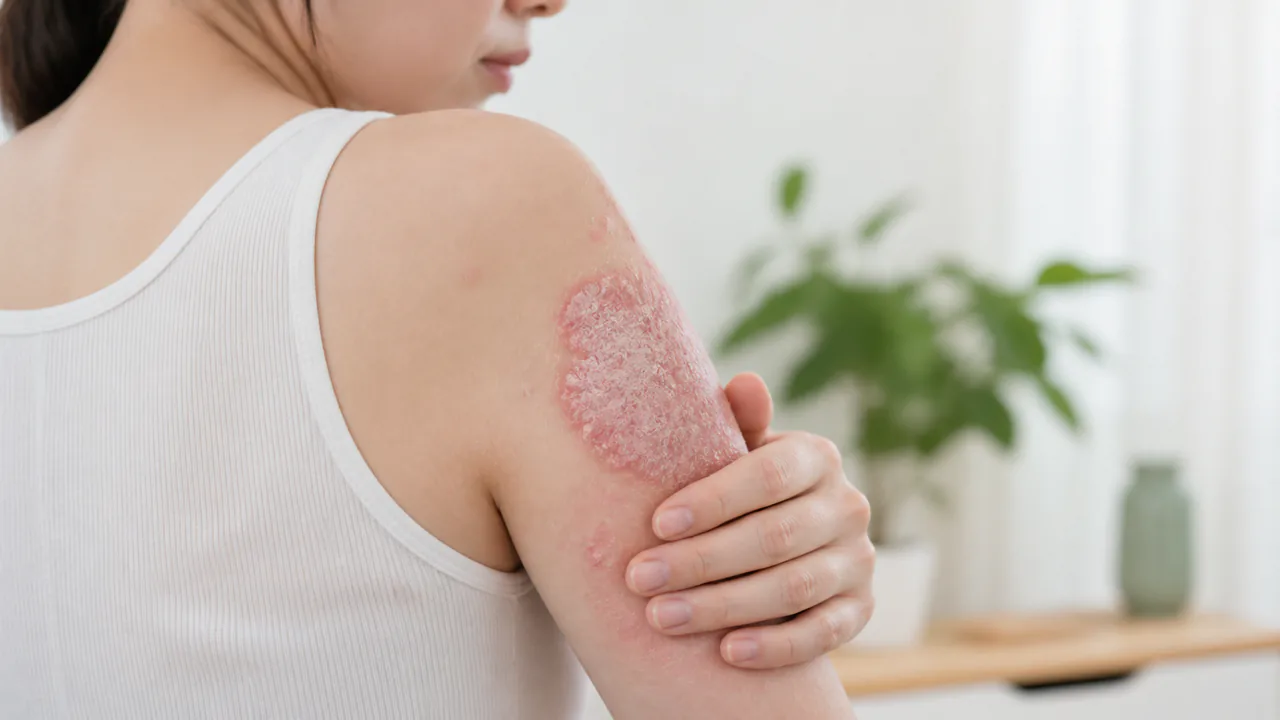 乾癬の皮膚に現れる赤く盛り上がった発疹と銀白色の鱗屑の様子