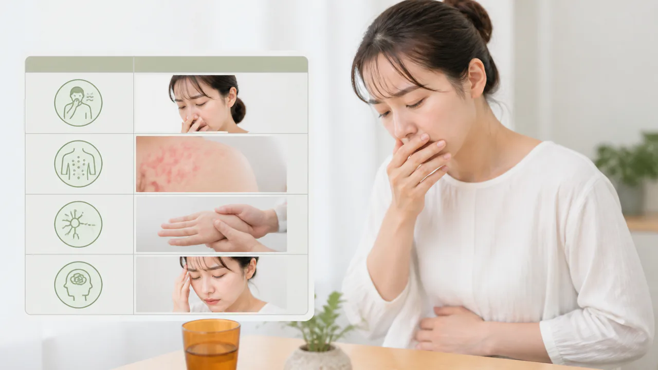 ピドキサールの主な副作用である吐き気や発疹、神経障害などの症状を一覧で示す表