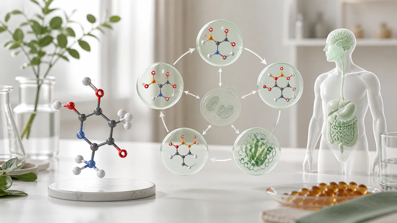 ピリドキサールの分子構造と生体内での代謝経路の概念図