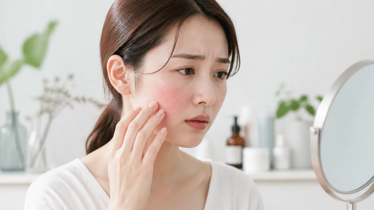 化粧品による肌荒れや赤み、かゆみが生じている顔の女性の肌