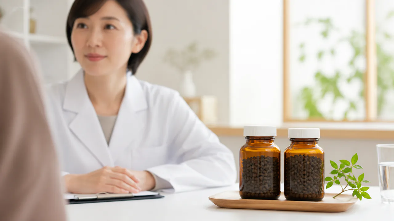 六味丸のジェネリック医薬品と先発医薬品が並べられた薬瓶