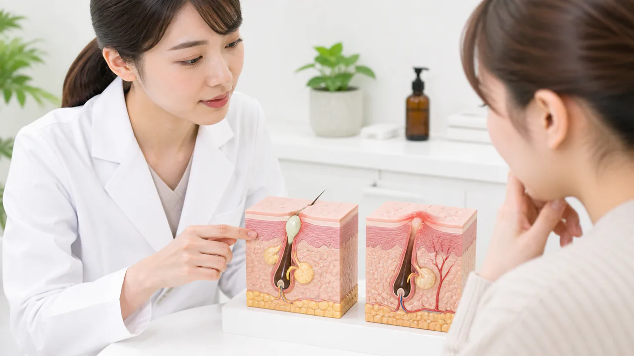 ニキビの炎症や面皰が形成された肌の断面、酒さとの病態生理学的な違いを示す