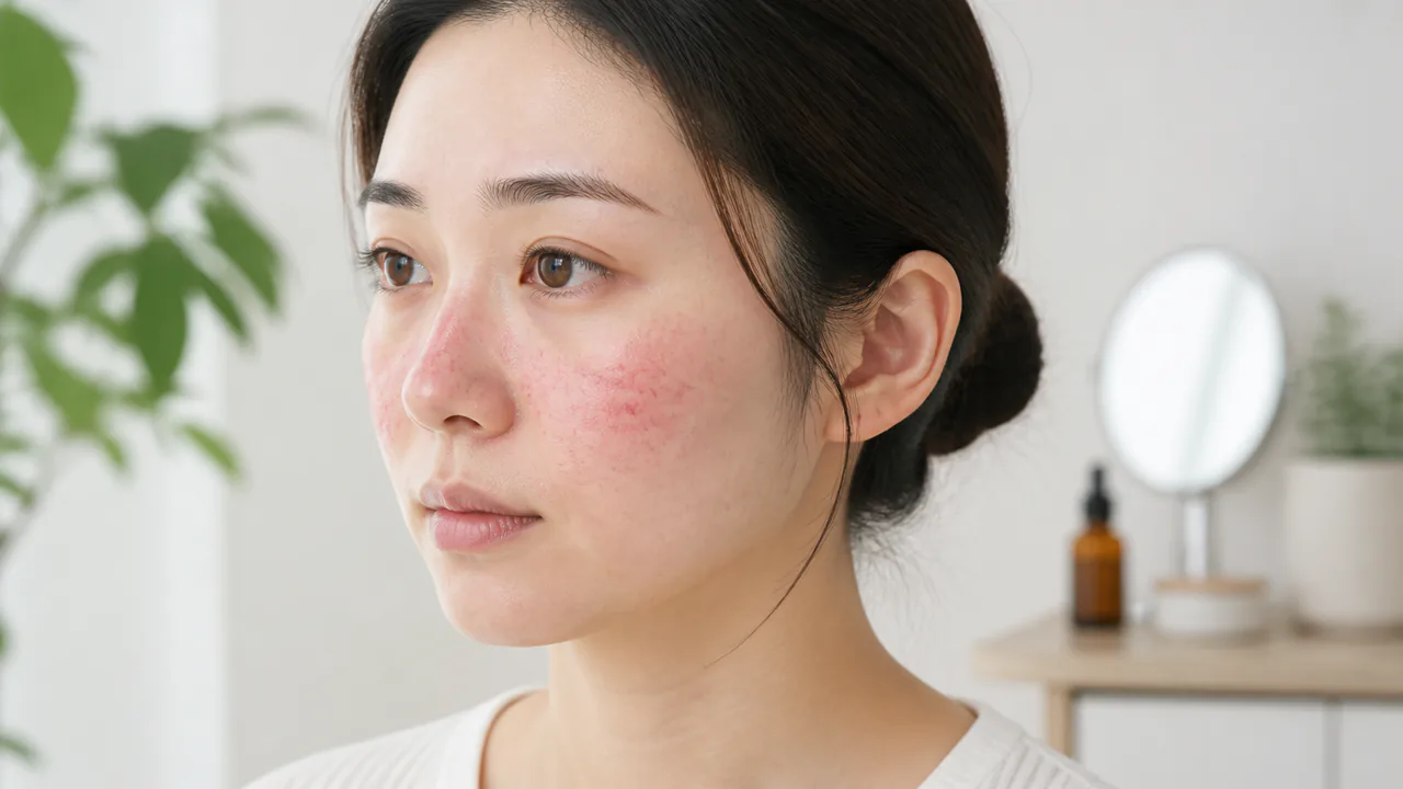 顔の赤みや血管の拡張が見られる酒さの典型的な肌状態