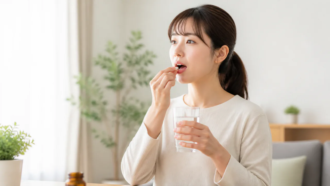 ルパフィンを服用する際にコップに入った水と一緒に飲む様子、正しい服用方法