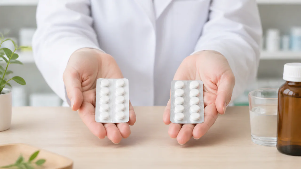 ジェネリック医薬品の錠剤と先発医薬品との比較を示す薬剤師の手元