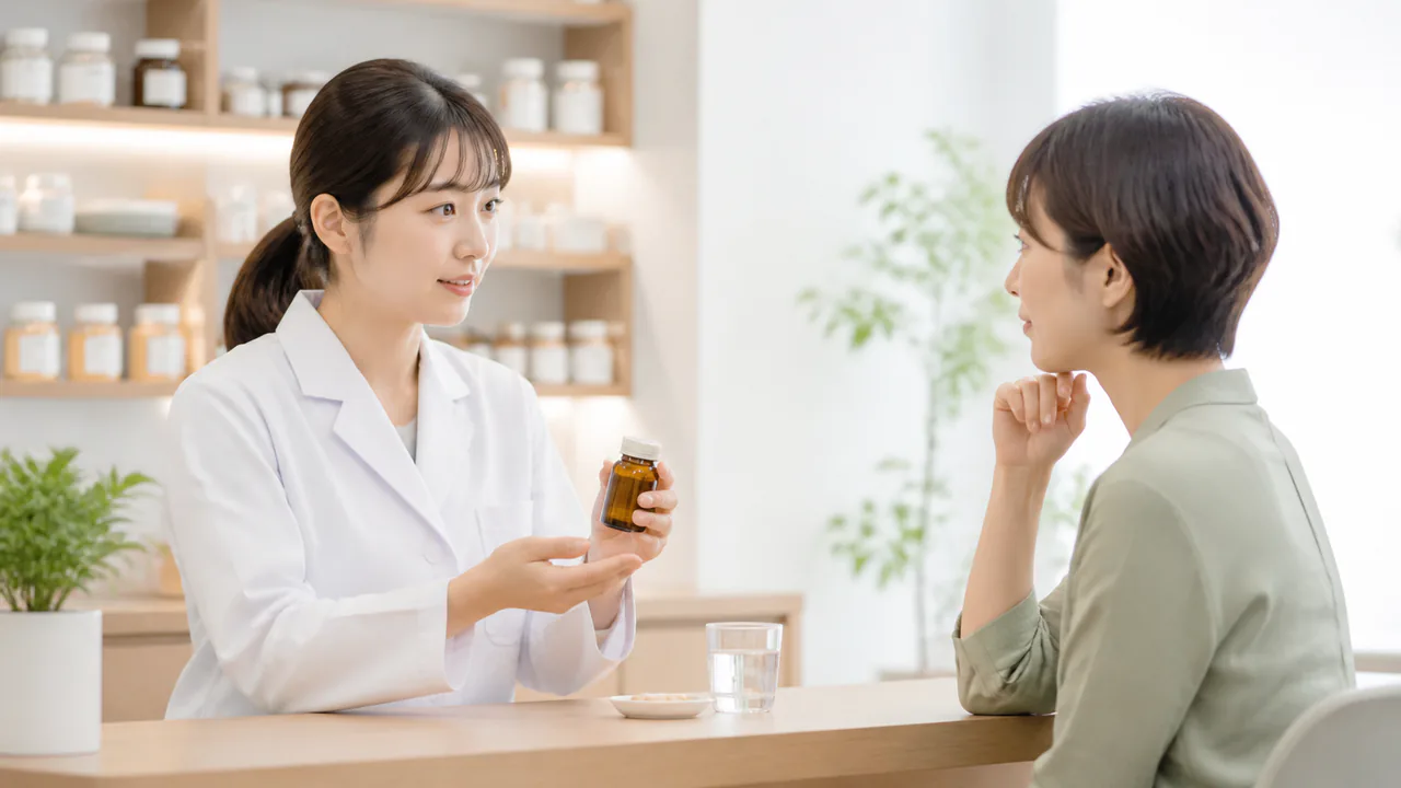 柴胡桂枝湯の正しい服用方法と注意点を説明する薬剤師と患者