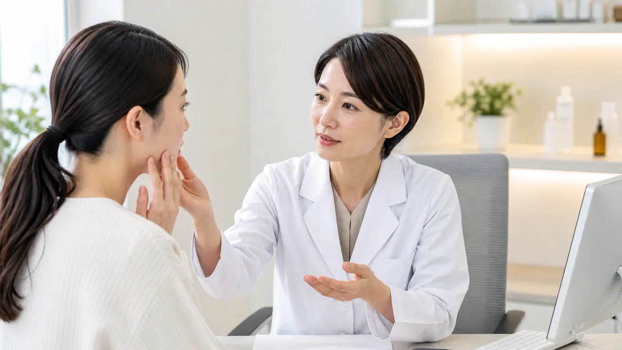専門医が肌トラブルを診察し、適切な治療法を提案する様子
