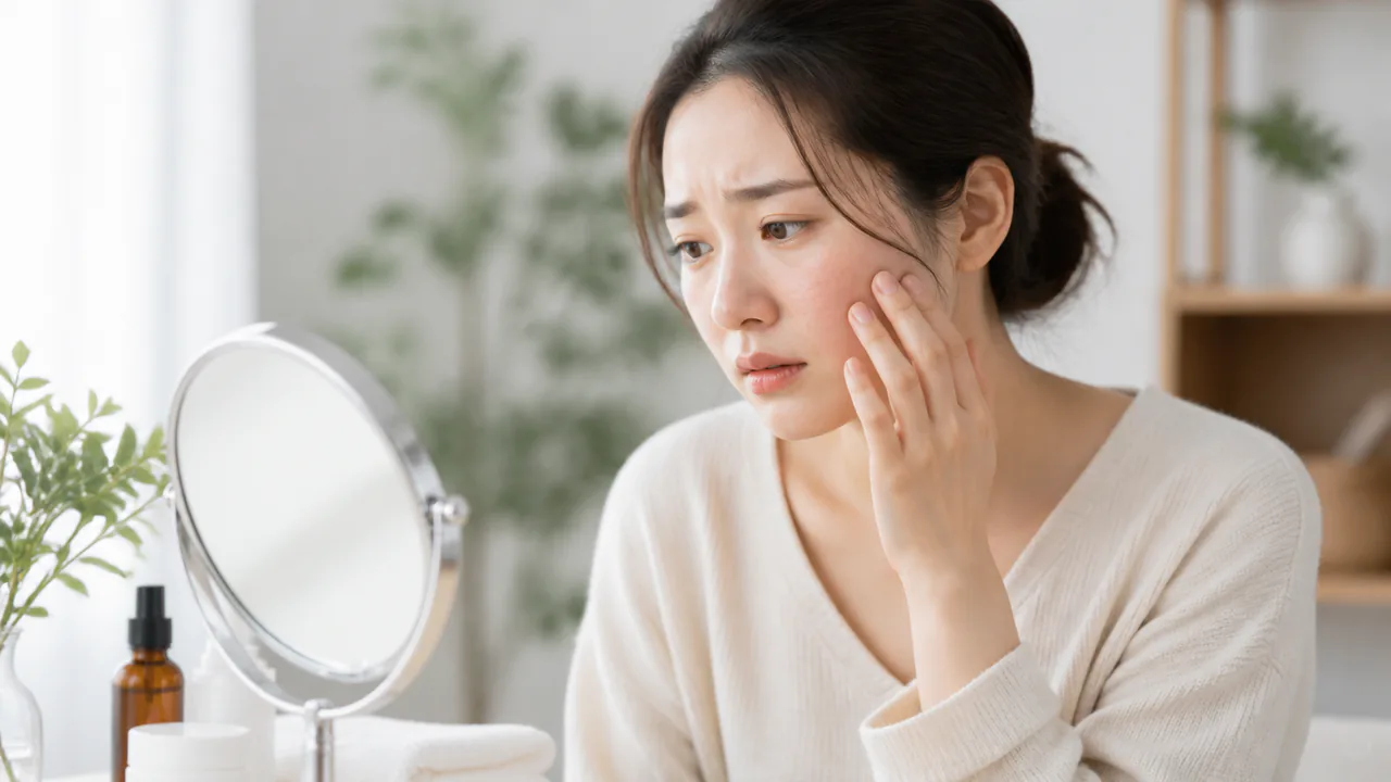 季節の変わり目に乾燥や肌荒れで悩む女性の顔、肌トラブル予防の重要性