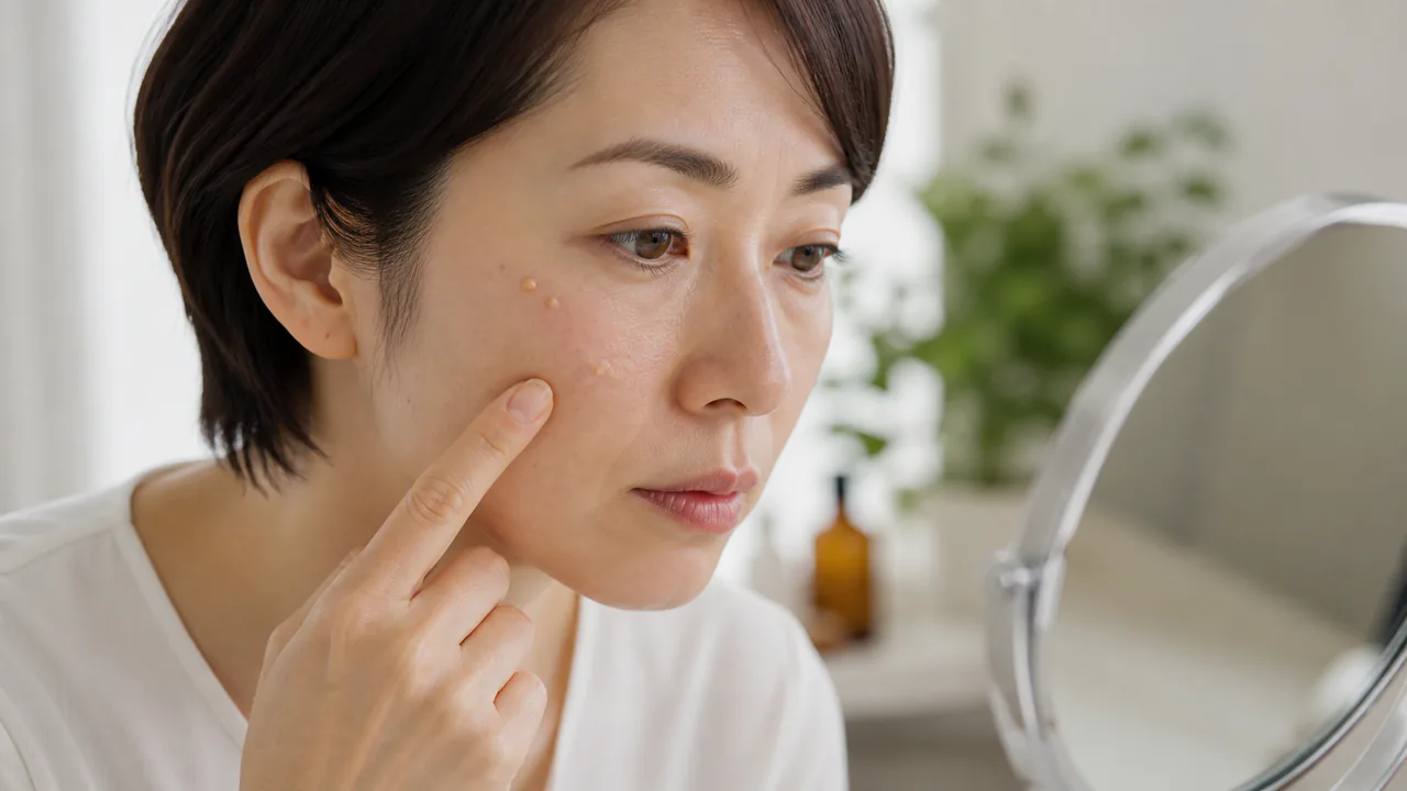 顔に現れる脂腺増殖症の典型的な盛り上がり、中央がへこんだ状態